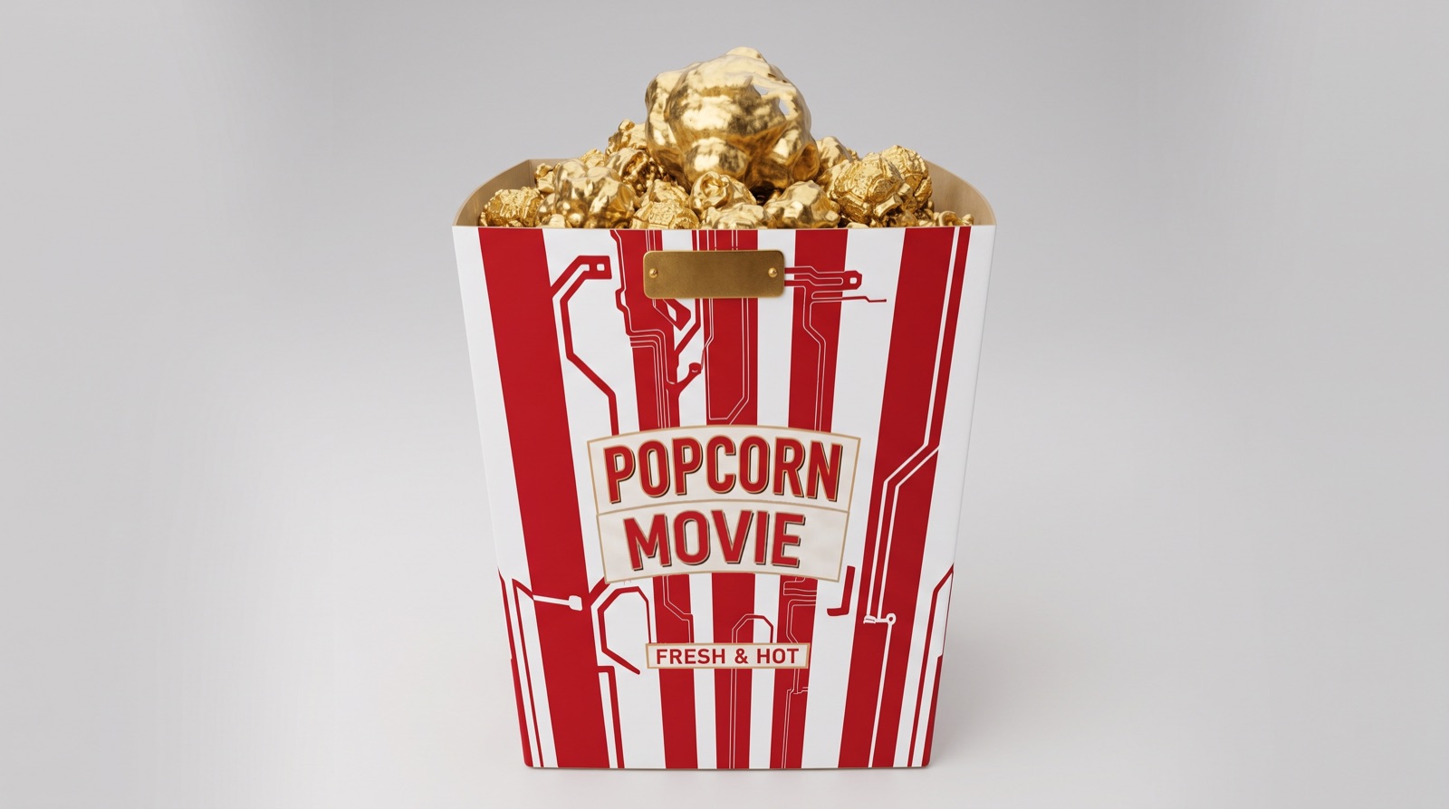 The popcorn.movie box — red and white stripes, circuit traces, gold kernels